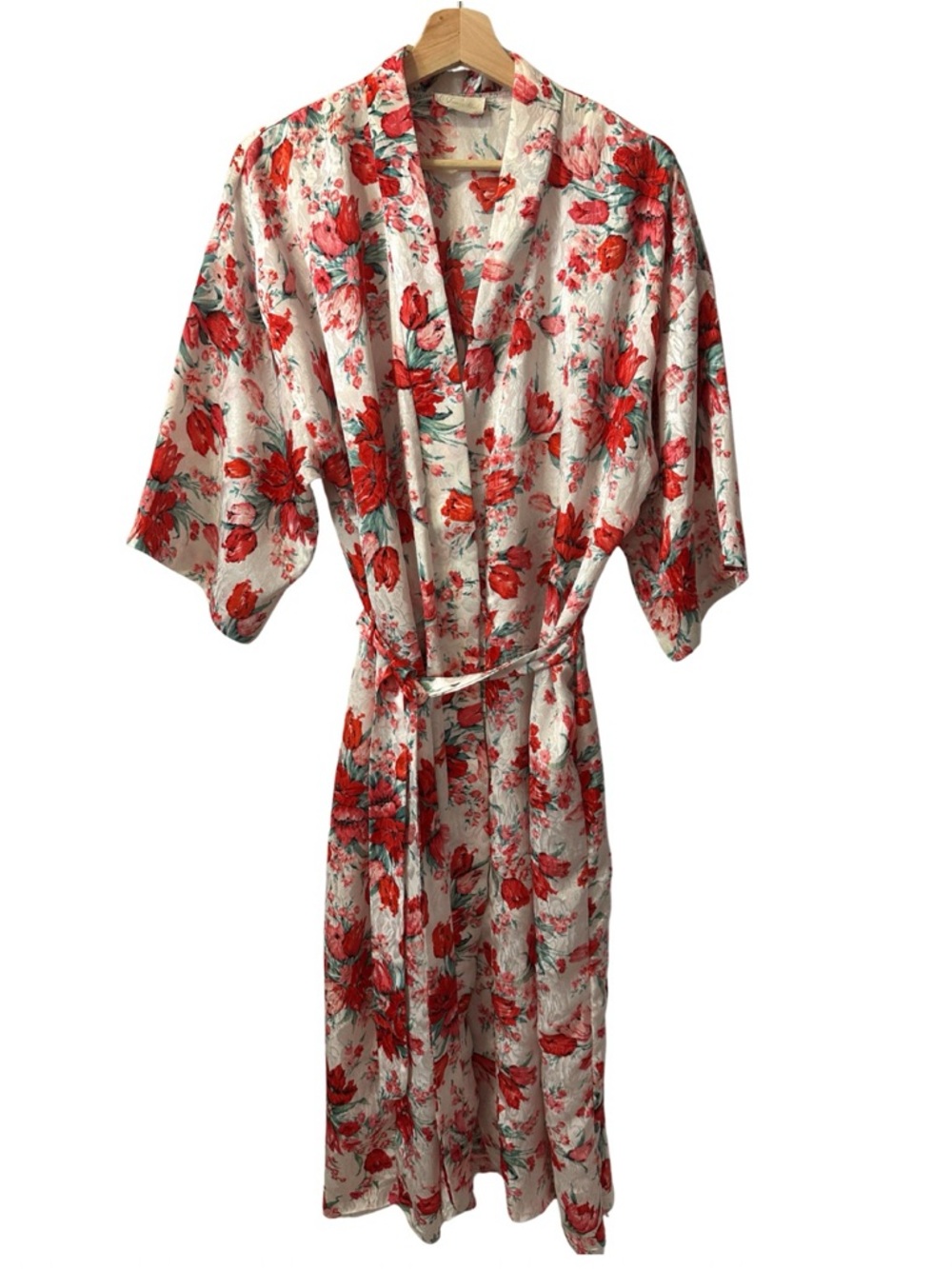 Floral Satin Kimono Robe with Red Blossom Print